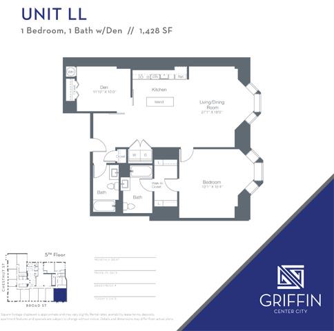 Floor plan for 1 bed, 1 bath, 1428 sqft